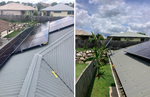 Two side by side images showing brand new solar panels installed at a property in Redbank Plains as part of a 8kW solar system installation.