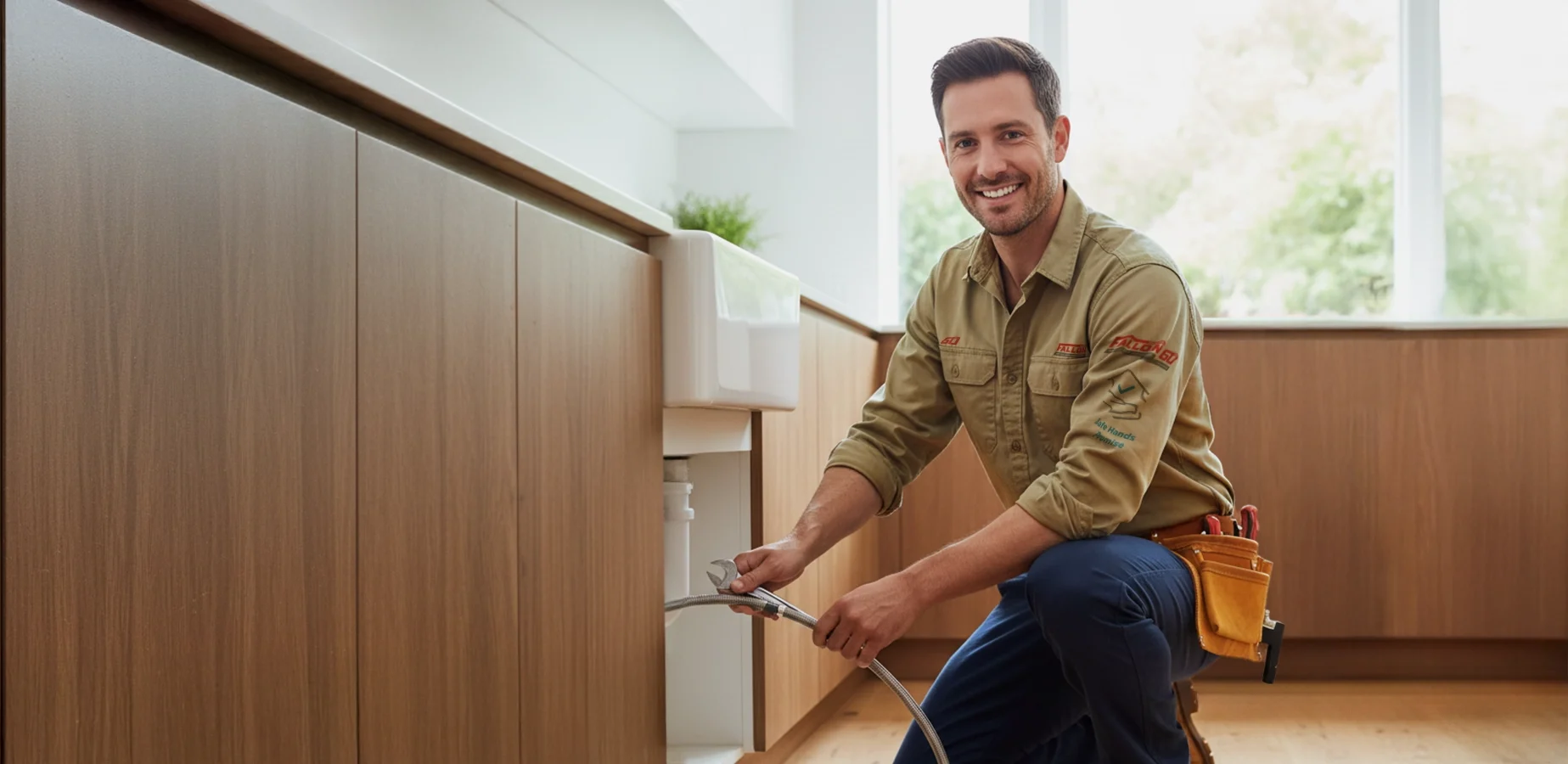 A smiling plumber holding a wrench to a flexible hose while kneeling beside an apron-front kitchen sink.