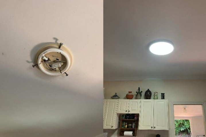 A before and after image of the installation of new LED lighting for a kitchen in Wavell Heights. The left shows an old, broken light and the right shows a new LED light fixture.