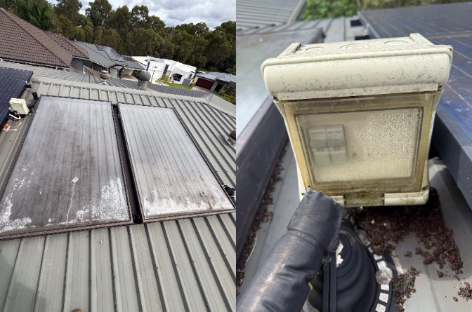 Two images side by side showing the damage and wear to a solar system in Wellington Point. Left image shows dirty, damaged solar panels. Right image shows a deteriorated electrical components.