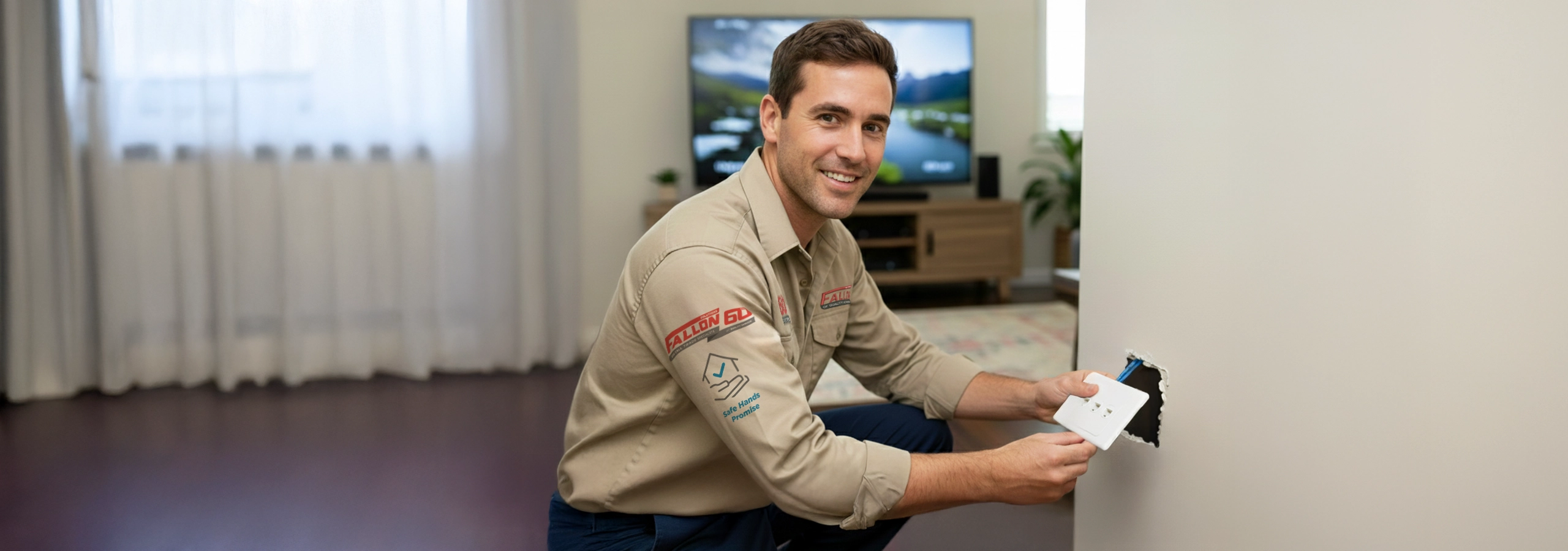 A smiling electrician crouching to install a white wall outlet panel in a living room.