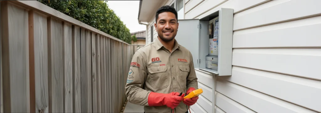 A smiling electrician holding a digital multimeter next to an open outdoor switchboard.