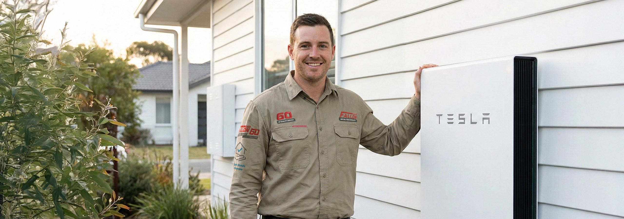 A smiling technician resting his hand on a wall-mounted Tesla Powerwall battery unit.
