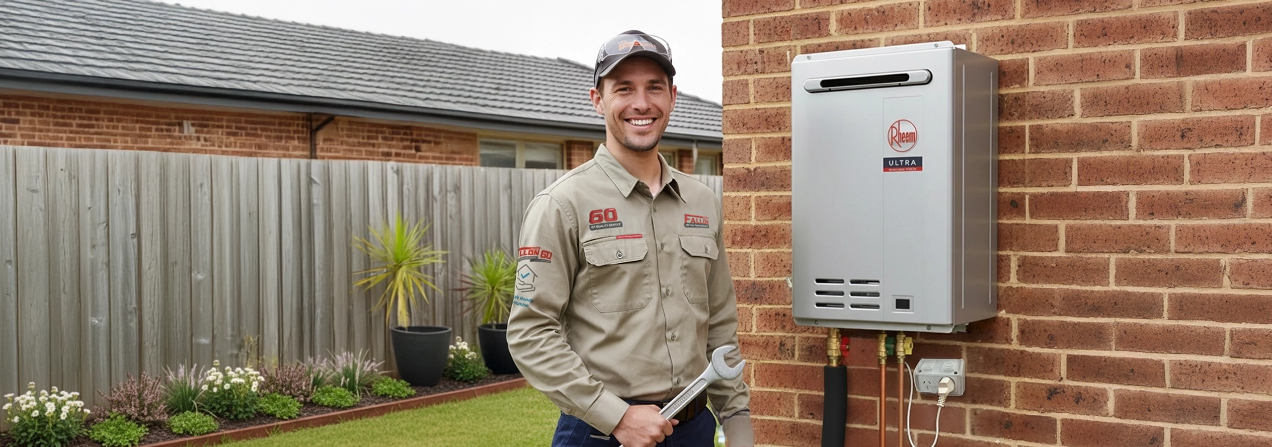 A smiling plumber wearing a cap and holding a wrench next to a wall-mounted Rheem gas water heater.