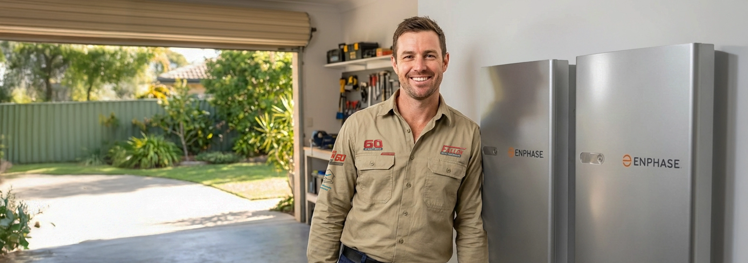 A smiling technician standing in a garage beside an Enphase battery system.