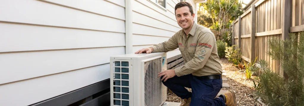 A smiling technician crouching next to an outdoor Daikin air conditioning unit.