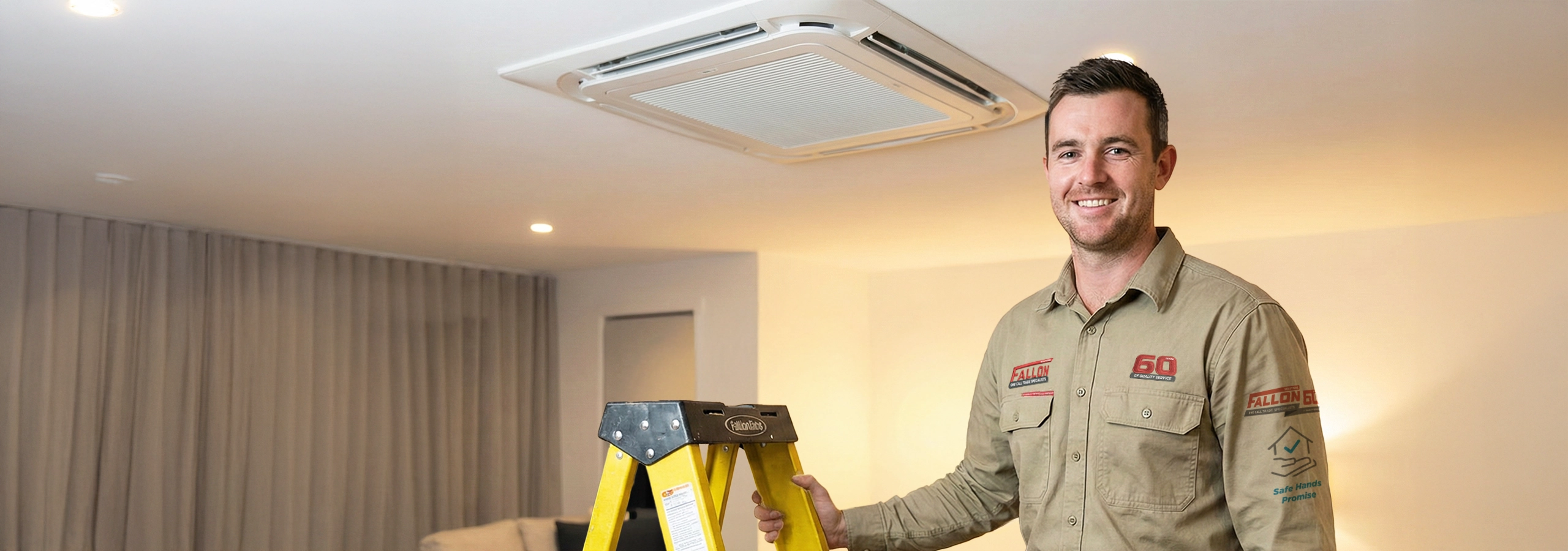 A smiling technician standing below a ceiling cassette air conditioner unit inside a home.